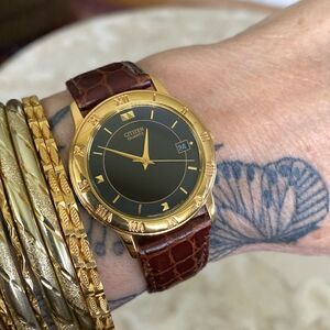 CITIZEN Quartz Watch Gold Tone Case Black Dial Original Croc Embossed Strap